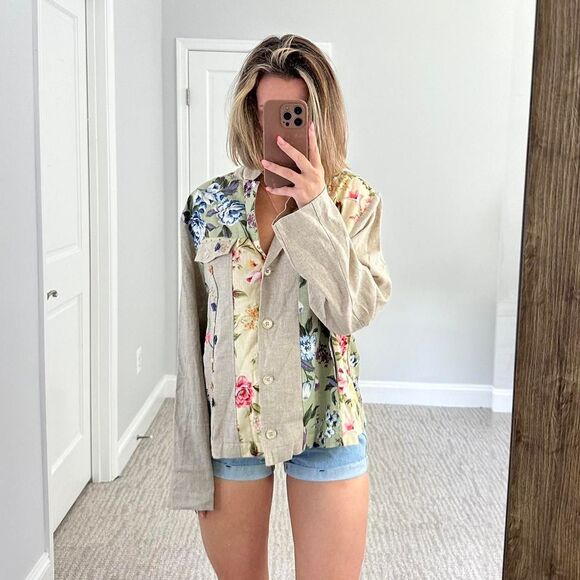 Vintage linen beaded floral boho western coastal cowgirl summer button up top - Picture 1 of 8